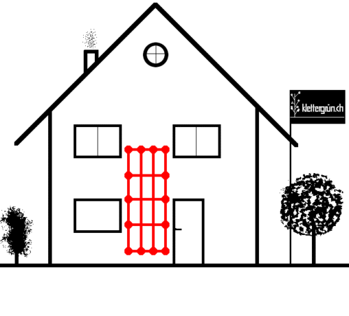 Skizze von Haus mit Fassadenbegrünung, Komplett-Set Seilsystem