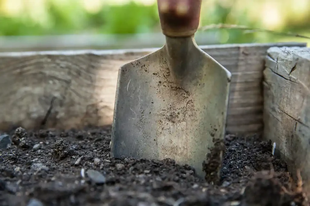 Spaten in einem Gartenbeet
